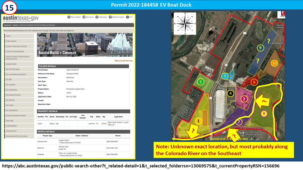 JoeTegtmeyer's tweet photo. There are 18 new permits filed with the City of Austin for Giga Texas (March to May). "Cyber Restrooms", Tesla Road widening, Boat Docks, building extension  &amp; tons of interior changes. Here are a few w/ maps showing locations. I'll go into these more in-depth in future videos! https://t.co/q5NniCkSyv