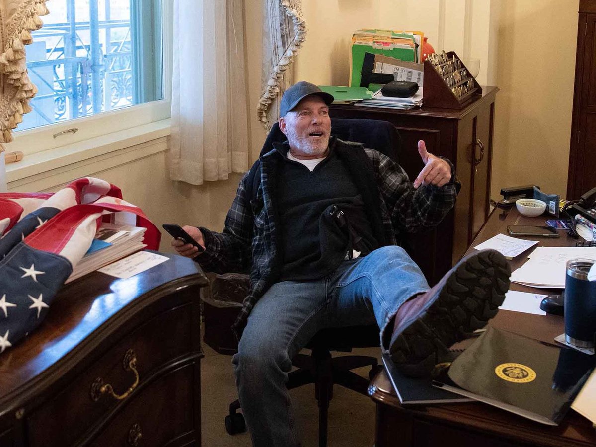 JDCocchiarella's tweet photo. Richard Barnett, the January 6th rioter who put his feet on Nancy Pelosi’s desk, faces up to 46 years in prison after being found guilty on 8 counts.

Play stupid games, win stupid prizes. https://t.co/nezKlmCeYt