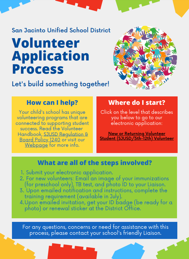 The volunteer applications for next school year 2023/2024 are now open. If interested in becoming a volunteer for the next school year please sign-up today. edl.io/n1759884