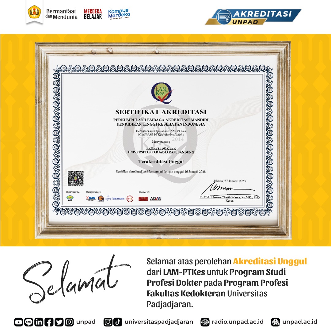 unpad's tweet photo. Selamat atas perolehan akreditasi Unggul dari LAM-PTKes untuk Program Studi Profesi Dokter pada Program Profesi Fakultas Kedokteran Universitas Padjadjaran.
#AkreditasiUnpad
#FKUnpad
#Unpad
#UniversitasPadjadjaran https://t.co/qwIG4ei0P9