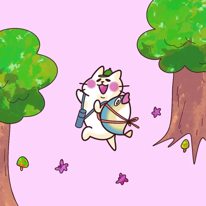 良い天気! 行こうか!遠足!  「ブリはおやつに入りますか?」  #イラスト #猫イラスト