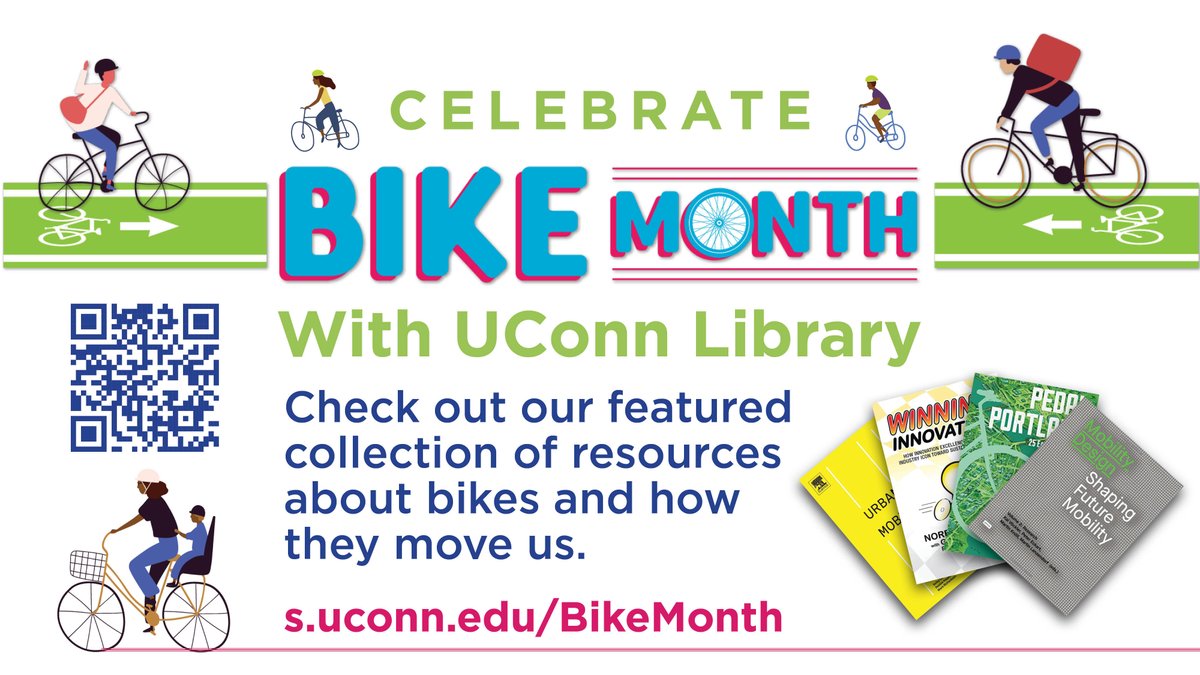 uconnlibrary's tweet photo. May is Bike Month! Celebrate by taking a ride, and reading about riding! 🚲

View our collection of resources about bikes and how they move us in Babbidge Library on the Plaza, and at https://t.co/LS7syUGtgc. https://t.co/xahjXFvJch