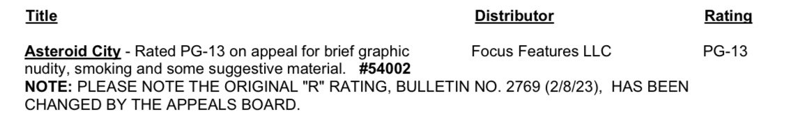 Wes Anderson’s “Asteroid City” successfully appealed its R rating, receiving, on appeal, a PG-13 for brief graphic nudity, smoking and some suggestive material

I believe this makes it the first ever PG-13 film with the “graphic nudity” descriptor