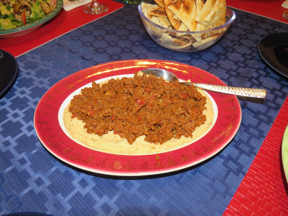 ElissaShakal's tweet photo. Last nights #dinner.  Lebanese #hummus and my famous #Greek dump #salad.  First time making this hummus dish.  It's a spicy ground beef dish with middle eastern flavors, served on top of my homemade hummus.  #Perfection, and fun to #cook!  #homemade https://t.co/y1BHwNIvA0