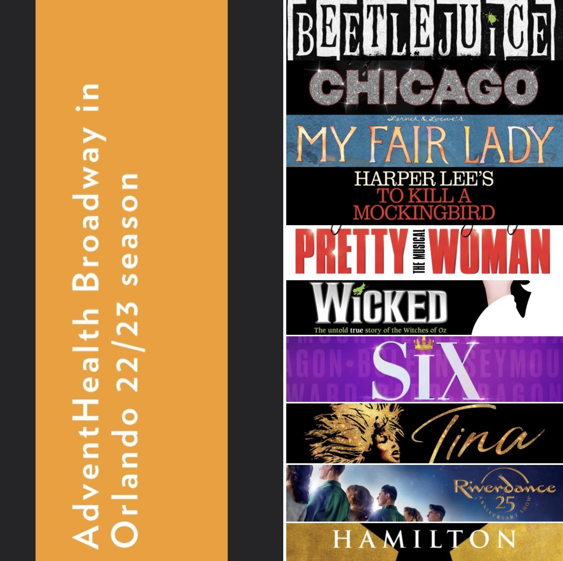 We’re so excited about the 22/23 #OrlandoBroadwaySeries season at @DrPhillipsCtr! Join us to chat before every show!

@SIXUSTour
@HamiltonMusical
@TINABroadway
@Riverdance
@WICKED_Musical
@PrettyWoman
@MockingbirdBway
@ChicagoOnTour
@MFLOnTour
@BeetlejuiceBway