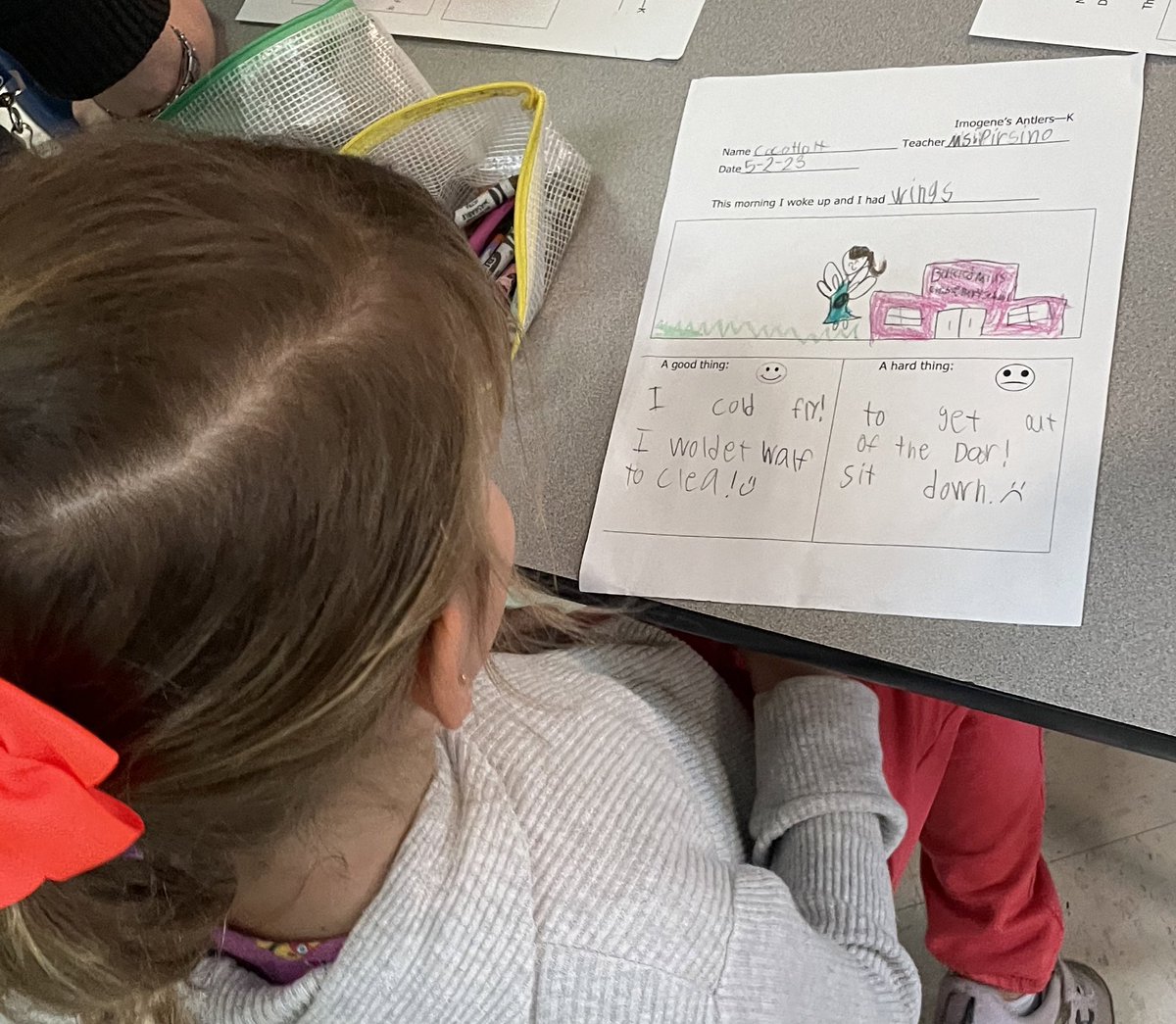 MsLinehanBMES's tweet photo. “If I had wings, I wouldn’t have to clean. I could just fly away!” was my favorite answer to Kindergarten’s “Imogene’s Antlers” activity of “I woke up this morning and I had…” and thinking of good and hard things to do if you grew animal body parts! @ModedraBMES @PWCSGiftedEd https://t.co/wmGFiJtxXz