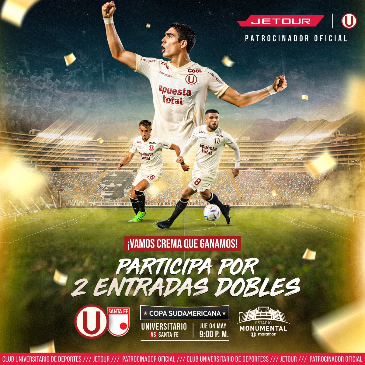 JetourPeru's tweet image. ¡Deja tu pasión crema! 💛🏟️ 
Participa por 2 entradas dobles para el partido del jueves 04 con @Universitario:

1. Síguenos en Twitter.
2. Retwittea con el #LaGrandezaNosUne
3. Comenta tu barra favorita.

Revelaremos los ganadores el jueves 04.
#YDaleJetour #YDaleU