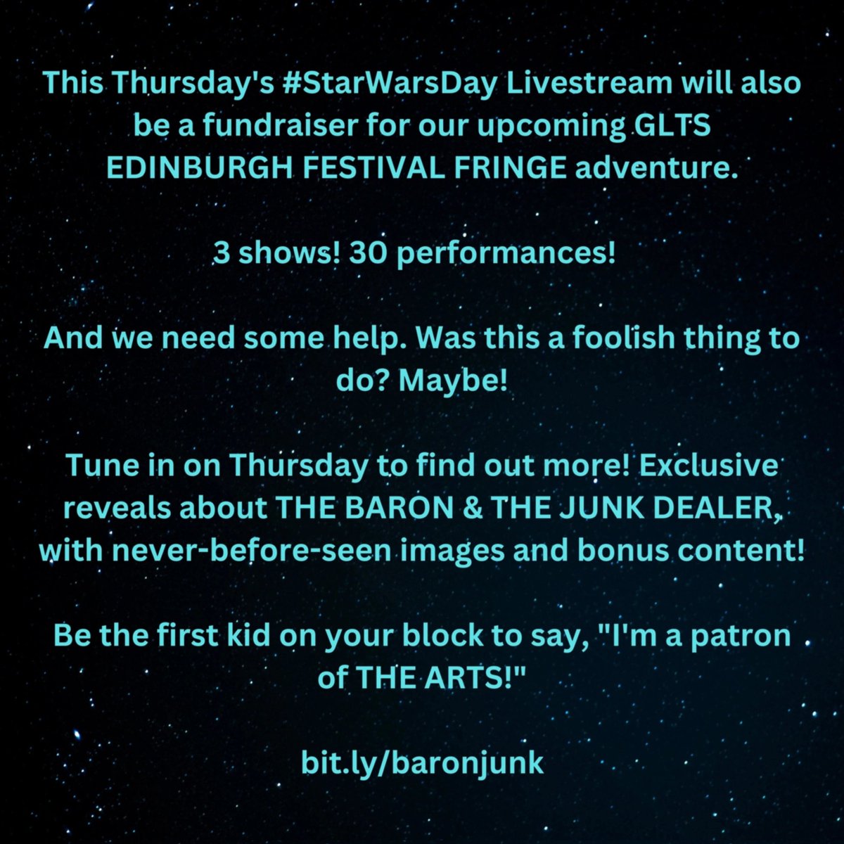 GLucasTalkShow's tweet image. This Thursday, there will be some surprises.  And some begging.  And some 'sclusies.  And some fun.  And some stretch goals.  And some descriptions.

All in the name of #StarWarsDay!  #MayThe4thBeWithYou 

twitch.tv/friendzone
bit.ly/baronjunk