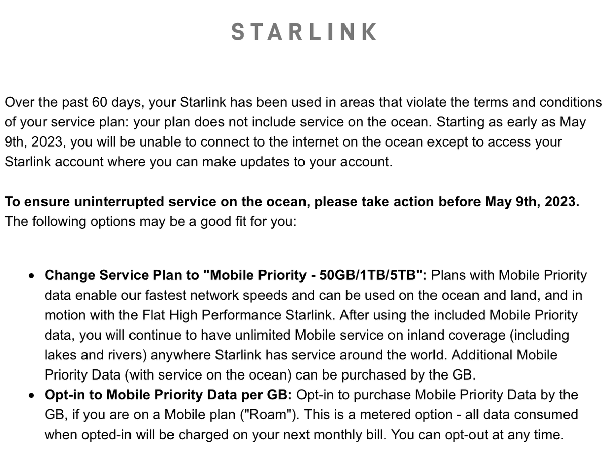 DaProd_'s tweet photo. Starlink's boat users will see their plan change drastically. 3x the price for 50GB with extra GB at a surplus, which is not suited for most cruisers budget. Please @SpaceX don't do that to us. https://t.co/0zs6rKkmLt