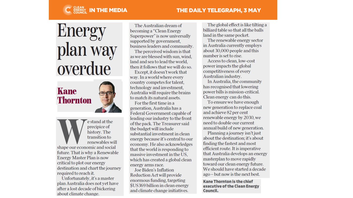 IN THE MEDIA | “It is imperative that Australia develops an energy masterplan to move rapidly toward our clean energy future.” Clean Energy Council Chief Executive @kanethornton's op-ed in @dailytelegraph on the need for a Renewable Energy Master Plan, ahead of #Budget2023.