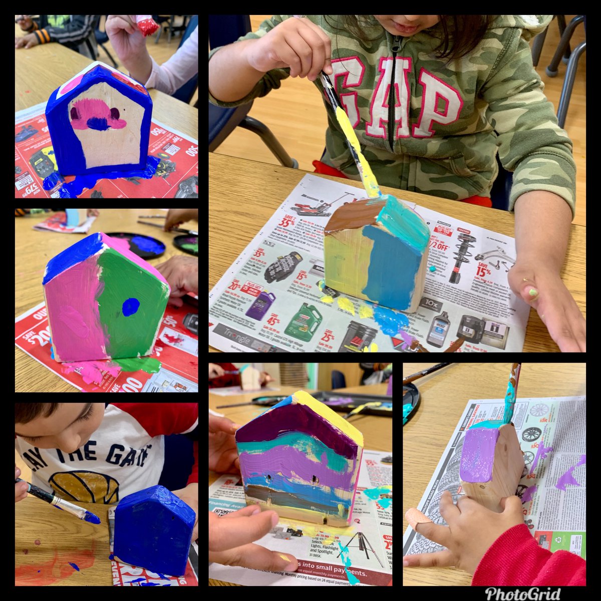 Each student painted their own wooden house that we will add to our building centre. <a href="/oakwrdsb/">Oak Creek PS</a>