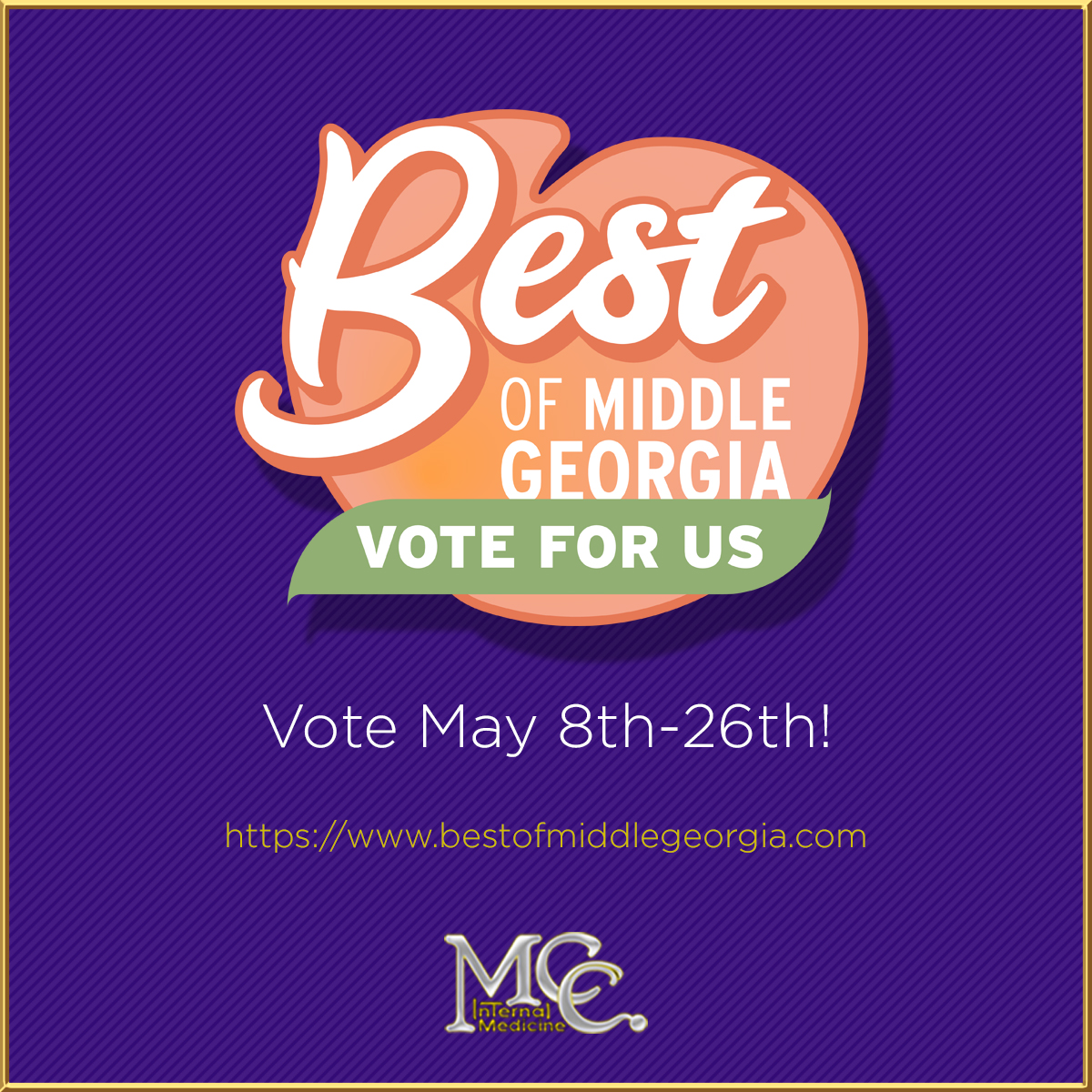 Nominations are done. Now it is time to vote. 

VOTING for the Best of Middle Georgia begins today AT NOON!

Vote at bestofmiddlegeorgia.com. 

You can vote once a day until May 26th.

Thank you so much!

#BestofMiddleGeorgia #mccinternalmedicine