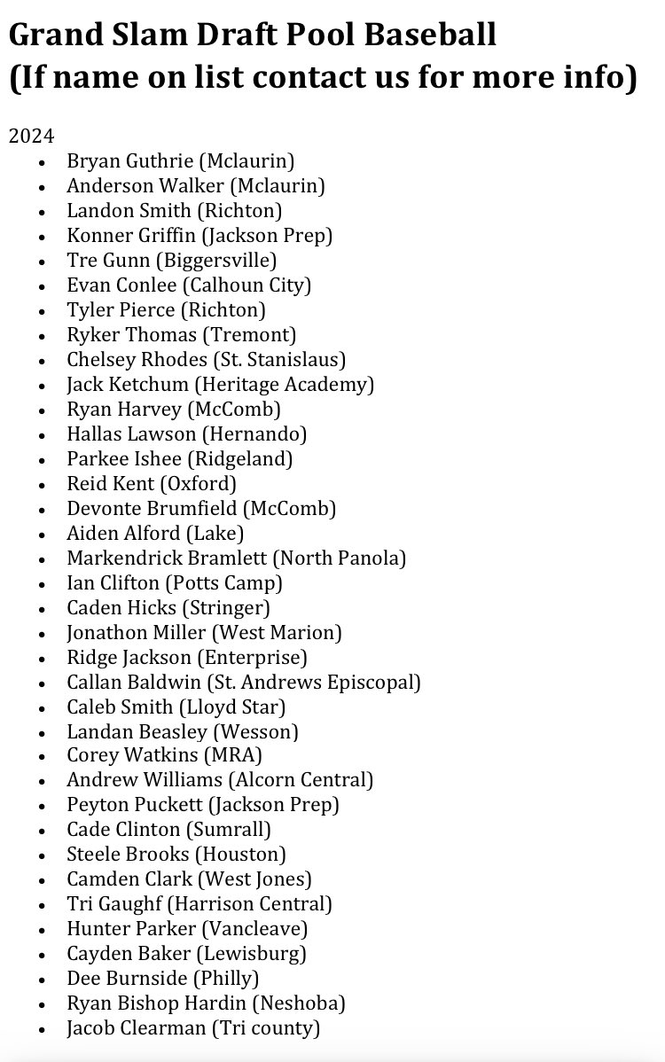 MagnoliaAllstar's tweet photo. 🚨Magnolia Alert! Grand Slam (Tentative) Baseball Draft Pool 2025 and 2024 class 

If your name is on the list inbox us asap for more info #Only1Magnolia https://t.co/mgX87FfbTl