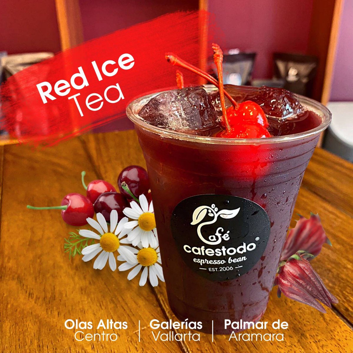 Ven a probar el Red Ice Tea... es una Infusión de Manzanilla, Jamaica con un toque de cerezas, frío, endulzado a tu gusto. ¡Puedes visitarnos hoy! en nuestras tres ubicaciones, Olas Altas Centro, Galerías Vallarta y Palmar de Aramara... <a href="/cafestodo/">cafestodo</a> | Consiga un buen café!