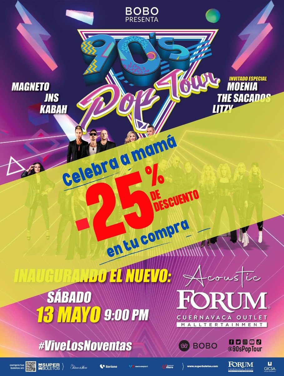 El mejor regalo para mama este 10 de mayo! A disfrutar música y un concierto espectacular!! Moenia, Jeans, TheSacados, Litzy, Magneto y Kabah... En vivo en Acoustic Forum Cuernavaca este sábado 13 de Mayo. Compra los boletos con el -25% de DESCUENTO en súperboletos.com