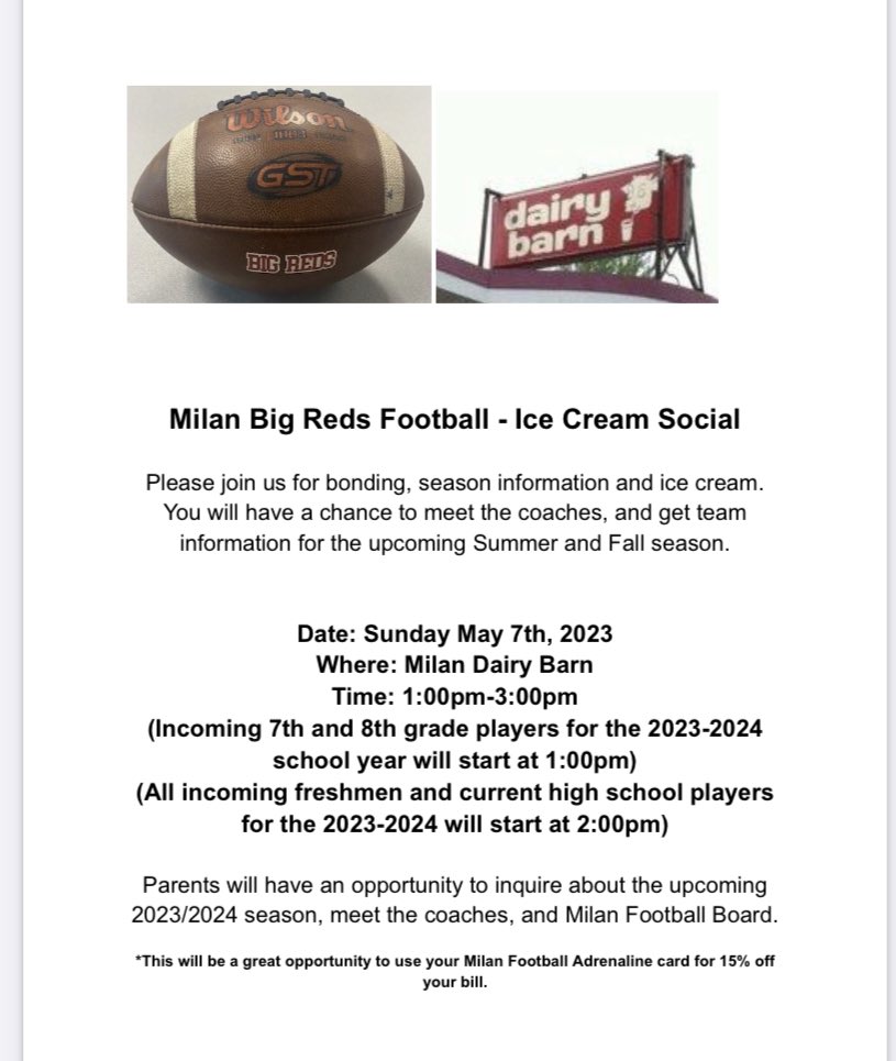 Big Reds, please join us this Sunday, May 7 at Dairy Barn for an ice cream social. Middle school is 1-2 pm. High school is 2-3 pm. <a href="/MilanBigRedsAD/">Milan Big Reds Athletics</a> <a href="/Milanhighschool/">Milan High School</a> <a href="/MilanMiddle/">Milan Middle School</a>