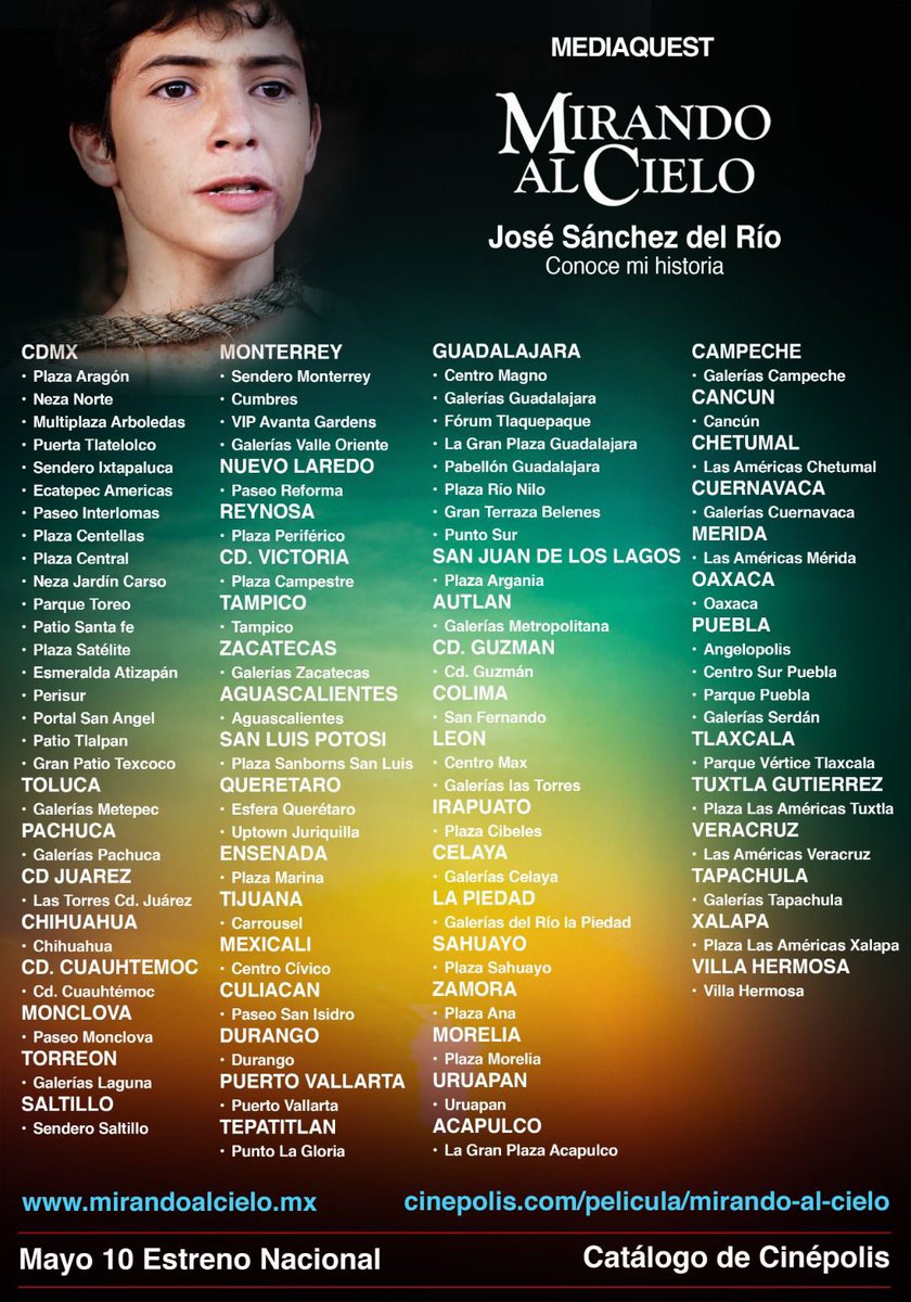 El día 10 de Mayo se estrenará en México la película de Mirando al Cielo, la cual cuenta la vida del niño mexicano Santo y Mártir San José Sánchez del Río. Apoyemos el cine católico 💛! ¡Viva Cristo Rey!