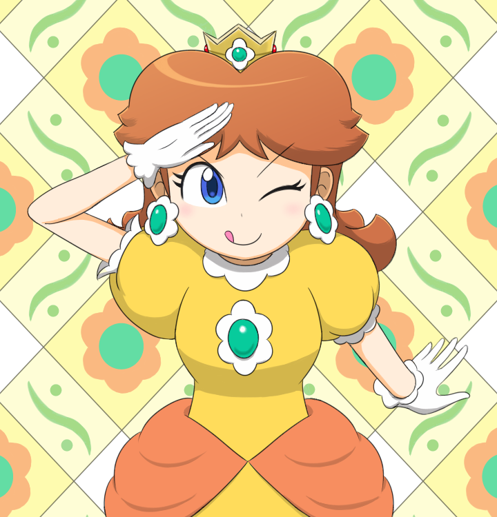 princess daisy 1girl solo gloves earrings blue eyes one eye closed jewelry  illustration images