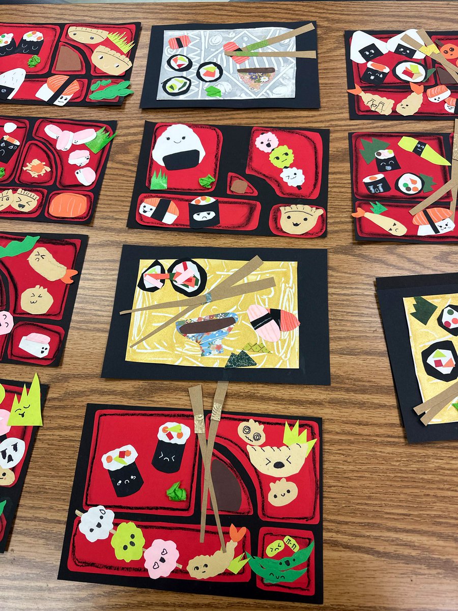 Artists in 4th/5th grade learned about Japan! They created a collage of sushi and bento boxes! 4th grade also made a print for their backgrounds! 🍱 🍣 🇯🇵 #foodart #collage #sushiart #japan #multiculturalart #printmaking @BBE_Bullfrogs @stephanie_viado @ShannonRFields