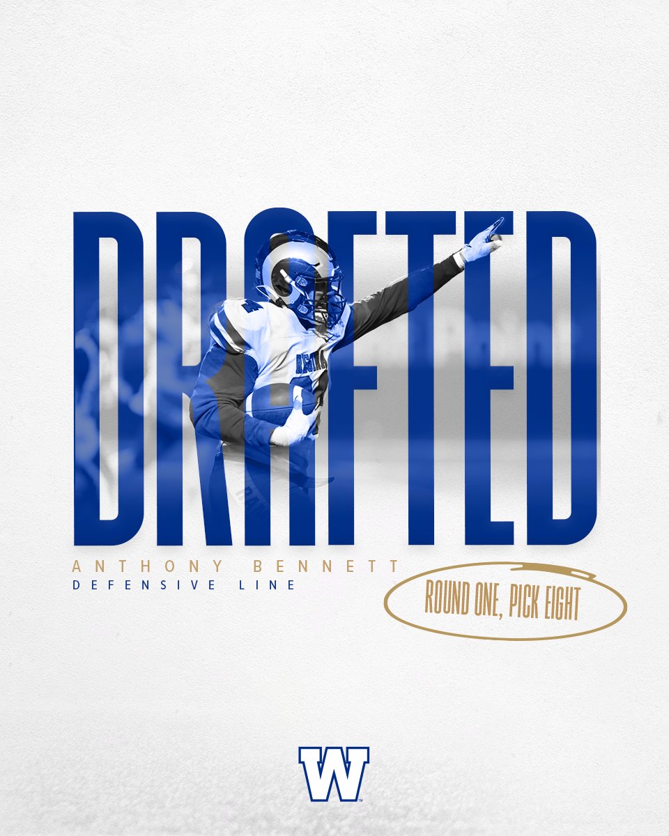 Wpg_BlueBombers's tweet photo. With the eighth overall pick in the 2023 @CFL Draft, the club has selected Anthony Bennett from @reginarams. 

#ForTheW | #CFLDraft https://t.co/jGSG35IWC4