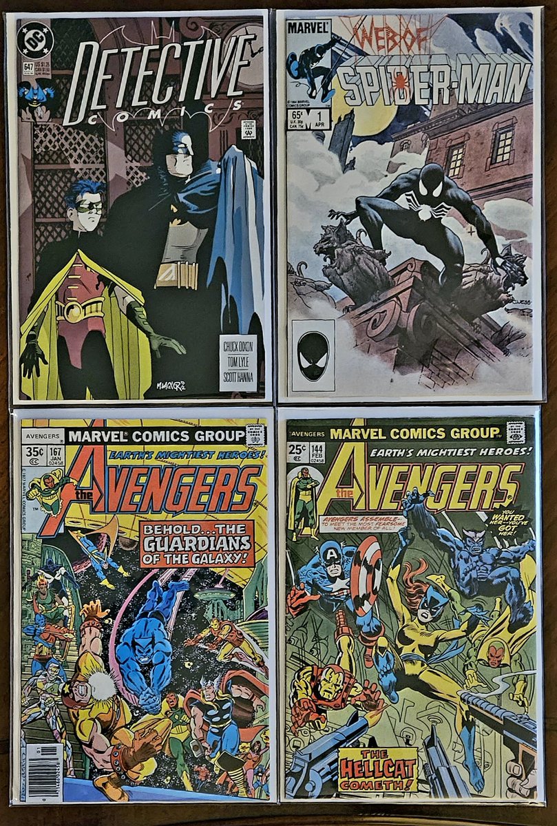 PrinceofWade's tweet photo. Happy with my LCS purchases! 

• Detective Comics 647 - First Appearance Stephanie Brown/Spoiler... I love this cover!

• Web of Spider-Man 1 - Symbiote apparent death

• Avengers 167 - First meeting of the Avengers &amp; Guardians of the Galaxy

• Avengers 144 - First Hellcat! https://t.co/eEf8rQ8hL8