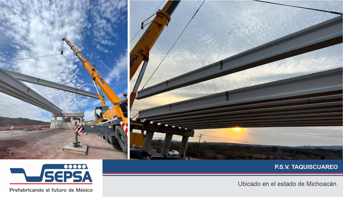 SEPSACV's tweet photo. Fabricación, transporte y montaje de #trabes AASHTO para P.S.V. TAQUISCUAREO.
#60AñosDeExperiencia
#PrefabricandoelFuturodeMéxico
#prefabricadosdealtacalidad https://t.co/EWdxGUMC7Y