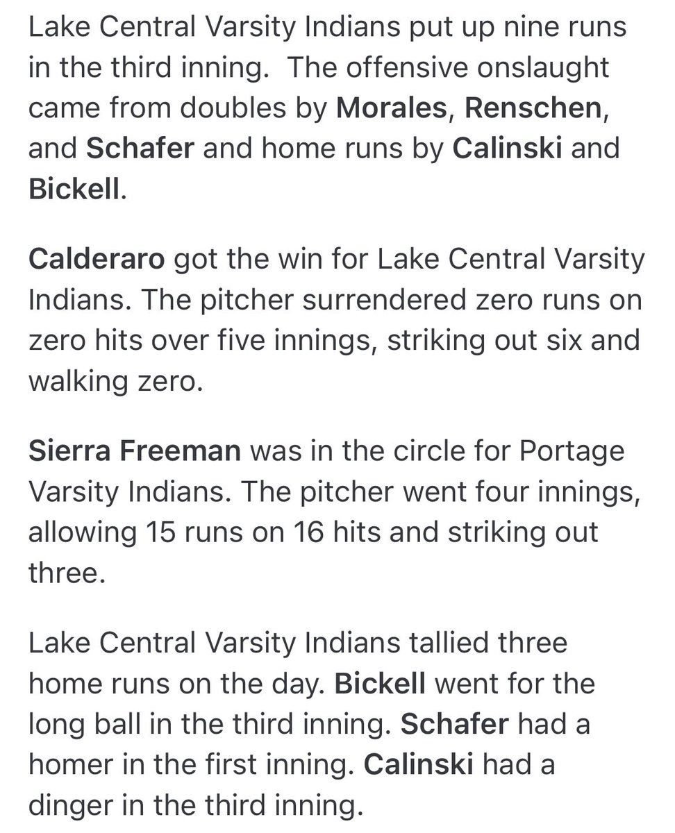 LakeCentralSB's tweet image. LC moves to 16-2-1 on the season with @calderaro_sofia pitching a perfect game in the Conference Win against the Portage Indians today! 

3 OTF Home Runs were hit in the game by @TaylorSchafer01, @ICalinski, and @MadiBickell2025. 

LC’s bats were 🔥 today!