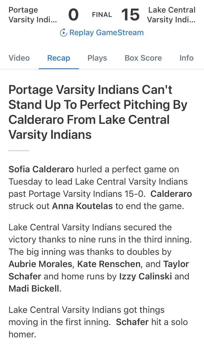 LakeCentralSB's tweet image. LC moves to 16-2-1 on the season with @calderaro_sofia pitching a perfect game in the Conference Win against the Portage Indians today! 

3 OTF Home Runs were hit in the game by @TaylorSchafer01, @ICalinski, and @MadiBickell2025. 

LC’s bats were 🔥 today!