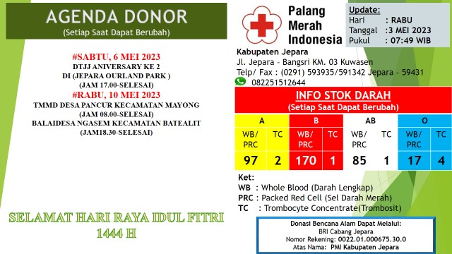Update Stok Ketersediaan darah PMI Kabupaten Jepara
#BloodForLife #pmijepara #uddpmi #ayodonordarahsukarela #jepara #informasiseputarjepara