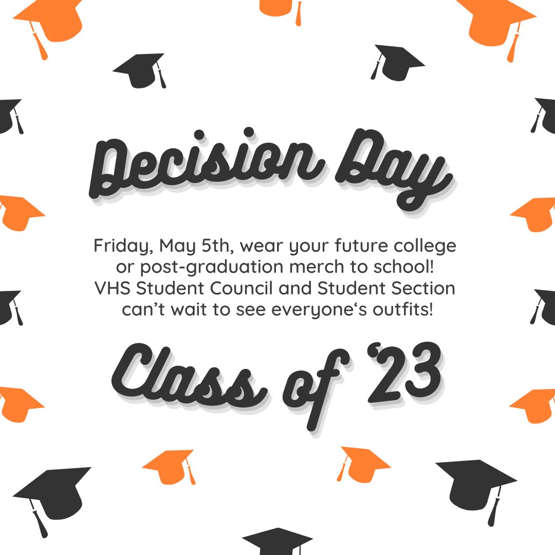 VHS Student Council (@wdmvalleystuco) on Twitter photo 🎓ATTENTION SENIORS 🎓
Friday, May 5th, wear your future college or post-graduation merch to school! VHS Student Council and <a href="/VHS_WuTang/">VHS Student Section</a> can’t wait to see everyone‘s outfits! #rolltigs 🎓ATTENTION SENIORS 🎓
Friday, May 5th, wear your future college or post-graduation merch to school! VHS Student Council and <a href="/VHS_WuTang/">VHS Student Section</a> can’t wait to see everyone‘s outfits! #rolltigs