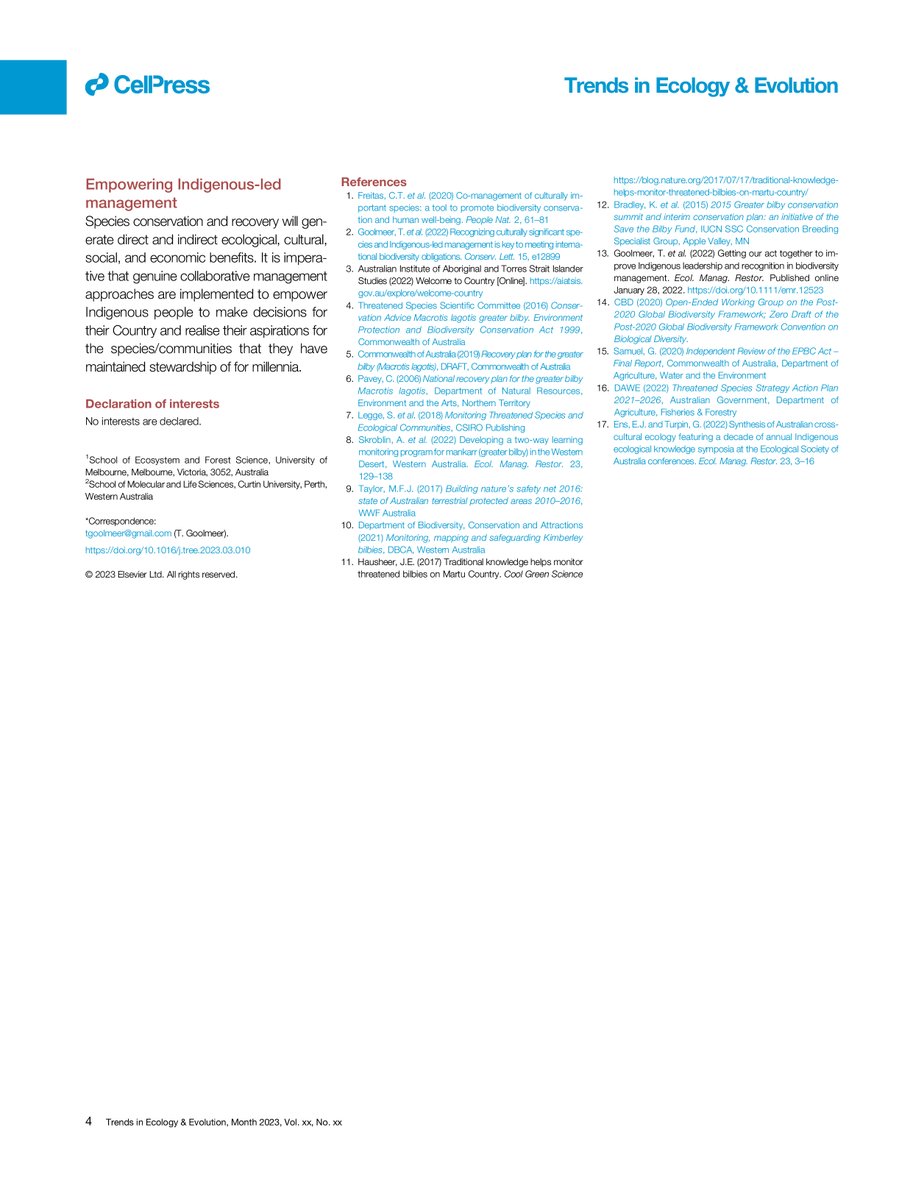 Our Centre Director <a href="/S_van_Leeuwen/">Stephen van Leeuwen</a> recently co-authored an article arguing for species conservation through collaborative management that empowers Indigenous stewardship of Country. 

Check out the link below for the full PDF.

sciencedirect.com/science/articl…

#HealingCountry #Indigenous