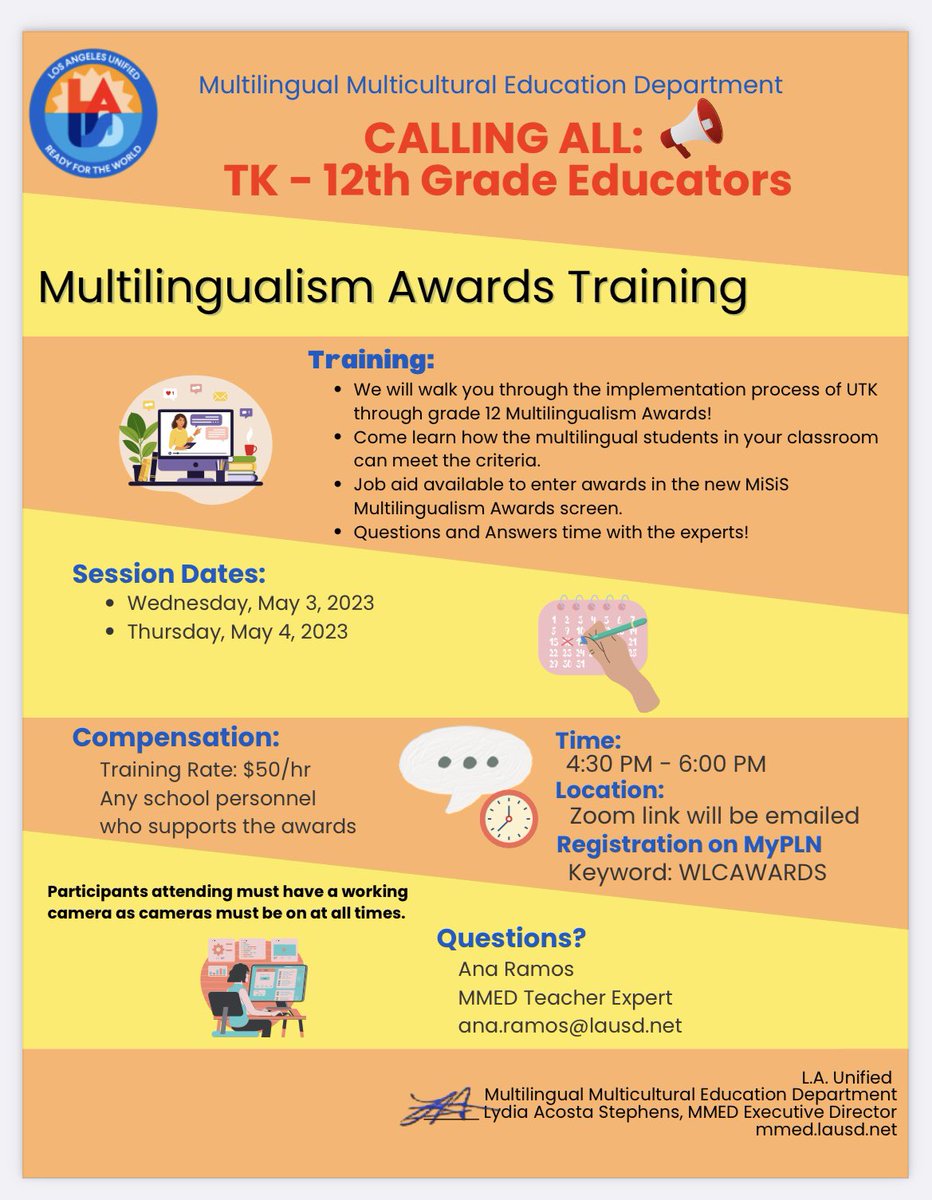 LAUSD Educators let’s honor the love of learning another language TODAY Join @MMEDLAUSD Wed 5/3 430-6 OR Thur May 6 430-6 without DELAY Come 2 learn how MISIS will RECORD the Pathway 2 Biliteracy AWARD The time has COME to honor the 97 different languages our students are FROM