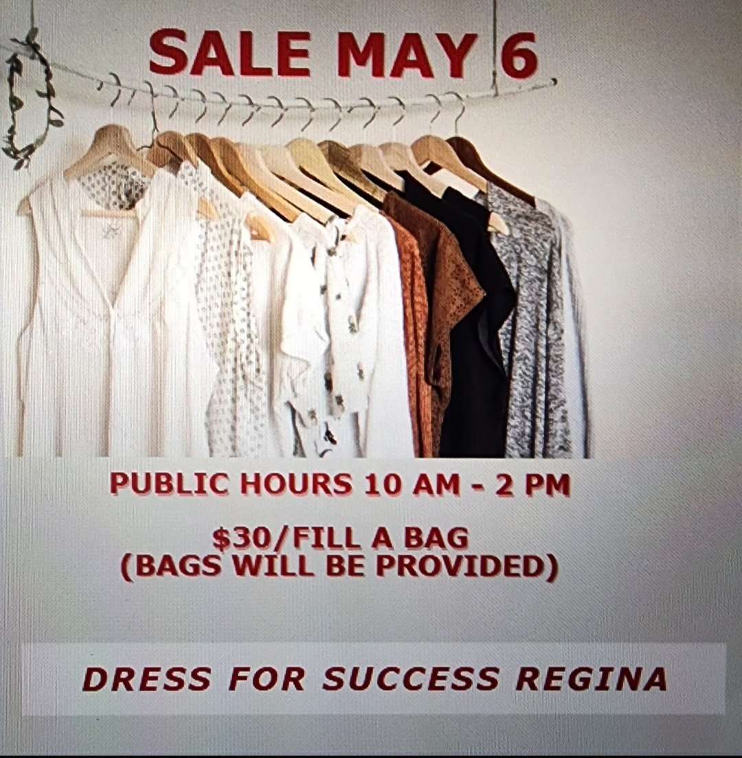 4 more days ladies!!
The Dress for Success Regina sale at Westminister United Church located at 3025- 13th Avenue, use the Cameron Street entrance.  
We are accepting cash/debit/credit forms of payment.  
See you soon ladies!!