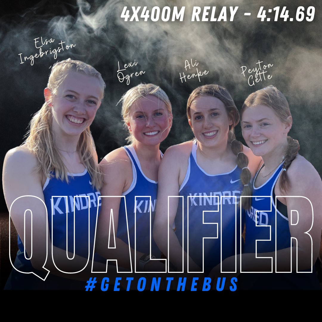 💥STATE QUALIFIER💥
🥉3rd PLACE🥉
🎉TOP 10 ALERT🎉

This new Girls 4x400m Relay team has qualified for state with a blazing 4:14.69! This time puts them at #9 on the KHS all-time list and got them 3rd place today! Congrats Lexi, Peyton, Ali &amp; Elsa! 🙌🏻

#getonthebus