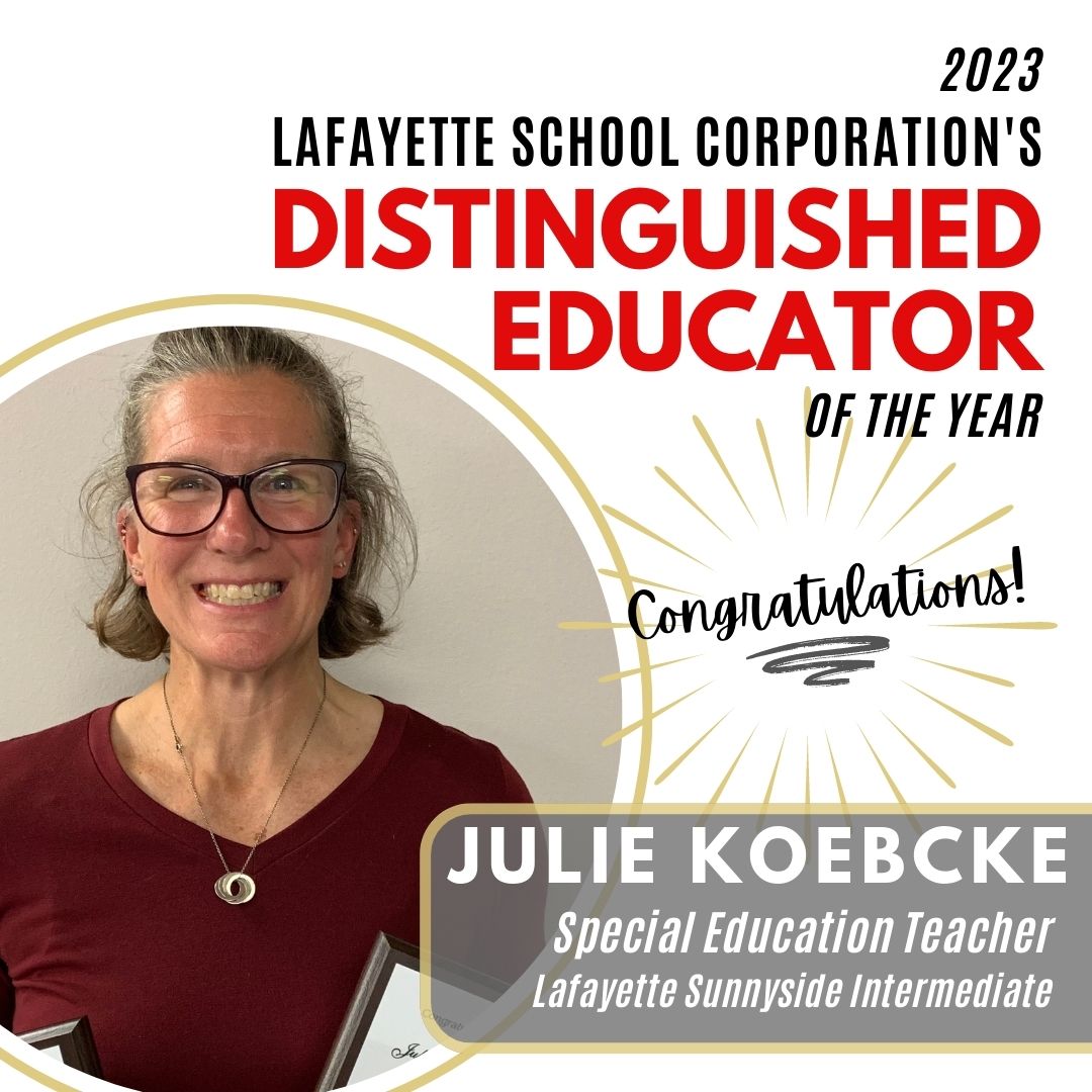 lafsunnyside's tweet photo. BIG NEWS #ontheSunnyside!!! 

Our very own Sunnyside Distinguished Educator has been named the 2023 Lafayette School Corporation Distinguished Educator of the Year! 

Congratulations to Special Education Teacher Ms. Julie Koebcke! 👏👏👏❤️ https://t.co/MEo5ItFp9k