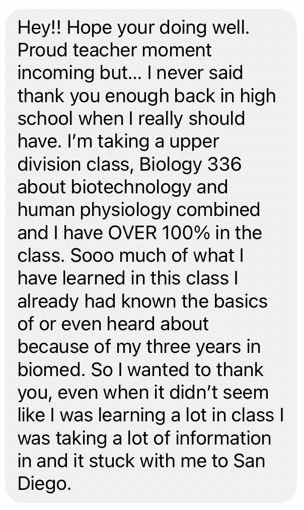 Appreciation and validation from a former student is wonderful! Truly the best! And even better is hearing how successful he is and that he contributes even a tiny bit of that success back to me. Truly an honor! ❤️ <a href="/MCHS156/">McHenry</a> <a href="/McHenrySci/">MCHS Science Department</a> #MCHSbiomed <a href="/PLTWorg/">Project Lead The Way</a>