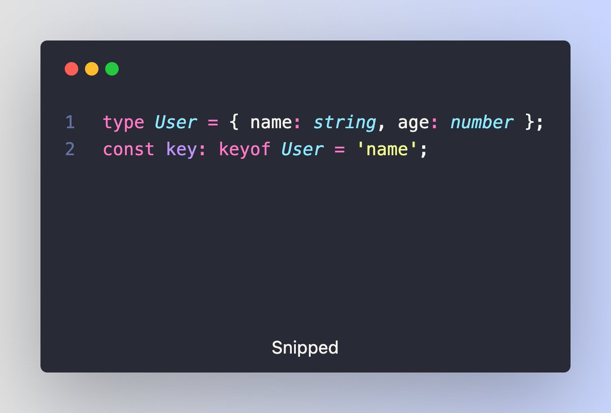 jeffersonlicet's tweet image. Use the keyof operator to create type-safe code that works with object keys. Using keyof can help prevent errors and make your code more maintainable.
#TypeScript #TypeScriptTips