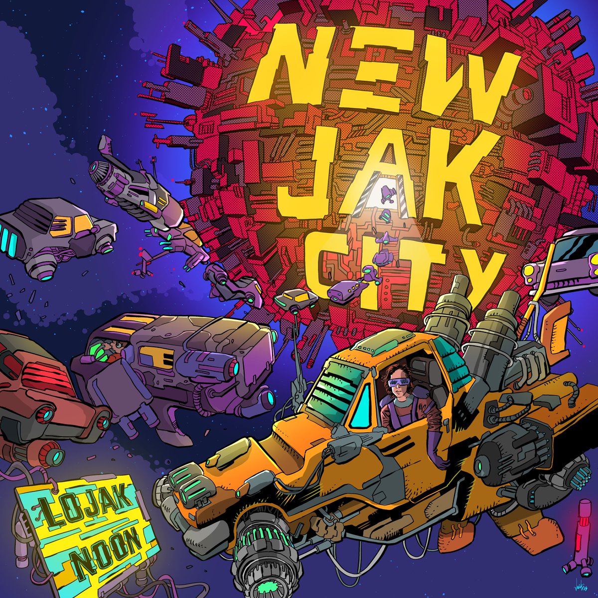 #commission #coverreveal of "New Jak City", the new album from @lojaknoon, just released.

#cyberpunkart #neonfuturism
#cyberart #dystopianart
#cybernoir #futuristicpainting #digitaldystopia #cyberpunkculture #metalhurlant #shadowrun #heavymetalmagazine #coverart