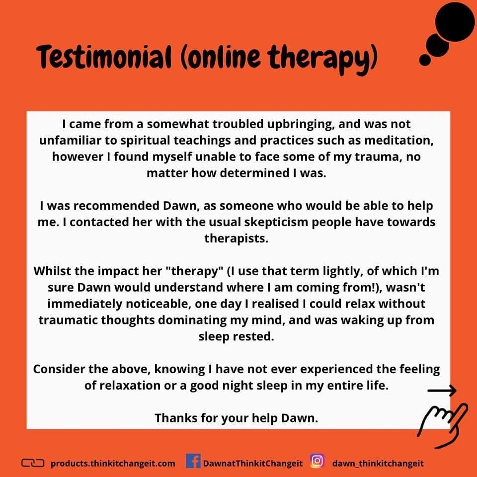 “I have not ever experienced the feeling of relaxation or a good nights sleep in my entire life

#traumainformedtherapist #onlinetherapy #testimonial #thinkitchangeit #wereallscrewedup instagr.am/p/Crw0OV7INLB/