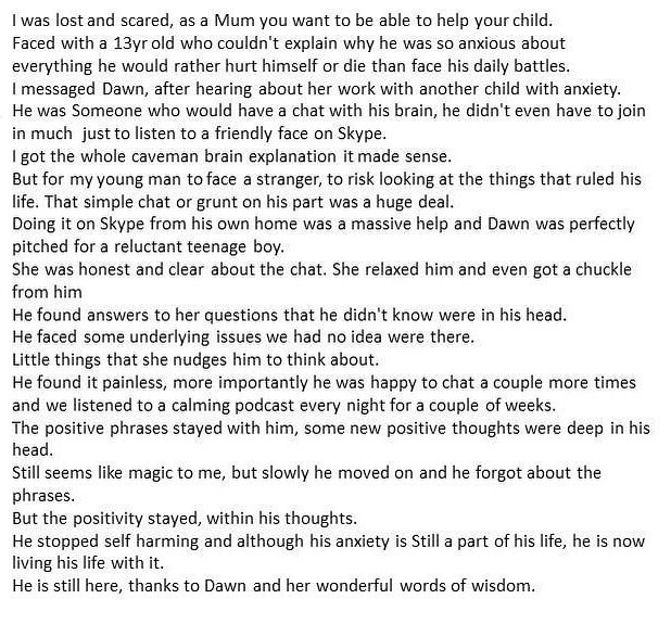"He is still here thanks to Dawn" 

Testimonial from the mother of a 13 year old boy from a few years ago that actually brought a tear  to my eye when I read it 
#traumainformedtherapist #onlinetherapy #childtherapy #testimonial #ThinkitChangeit #wereall… instagr.am/p/Crw09a8IB7P/