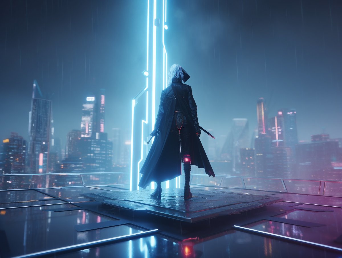 cesar20984's tweet photo. A cybernetic sorcerer with a techno-magic staff, atop a floating platform in a futuristic city under AI rule. Evoking the essence of #CyberpunkCore. #midjourney #AIArtworks #FuturisticMage 🧙♂️🌆. Prompt in Alt. https://t.co/davFkvZiwK