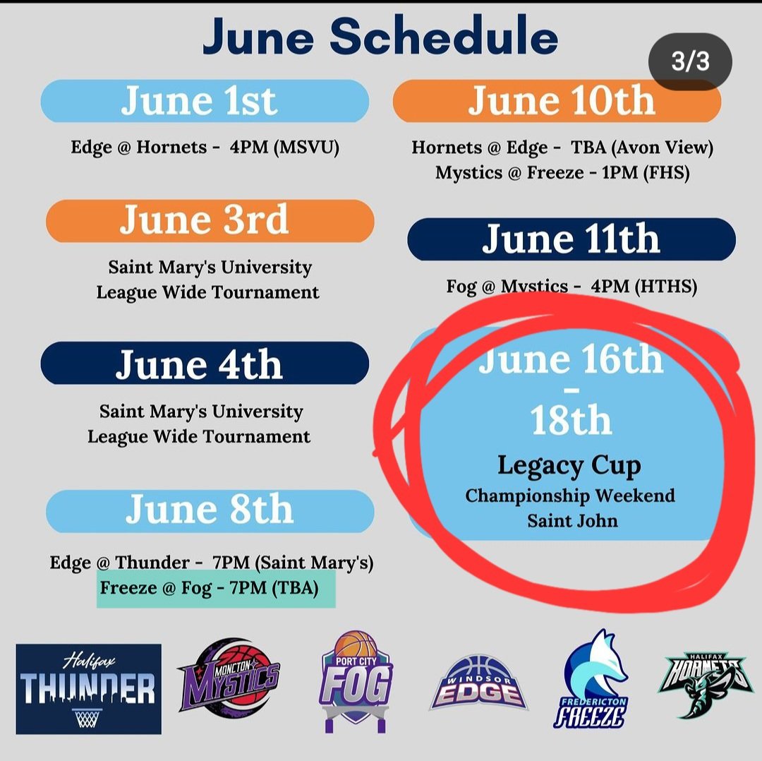 Fogbasketball's tweet photo. Full league schedule❗️

Home opener this Saturday, May 6th! Tip off is 7:00pm at UNBSJ! 

And mark your calendars for the weekend of June 16th - 18th as well, we are hosting Championship weekend and we cannot wait! 🙌🏆 https://t.co/R8UbMa6uEM