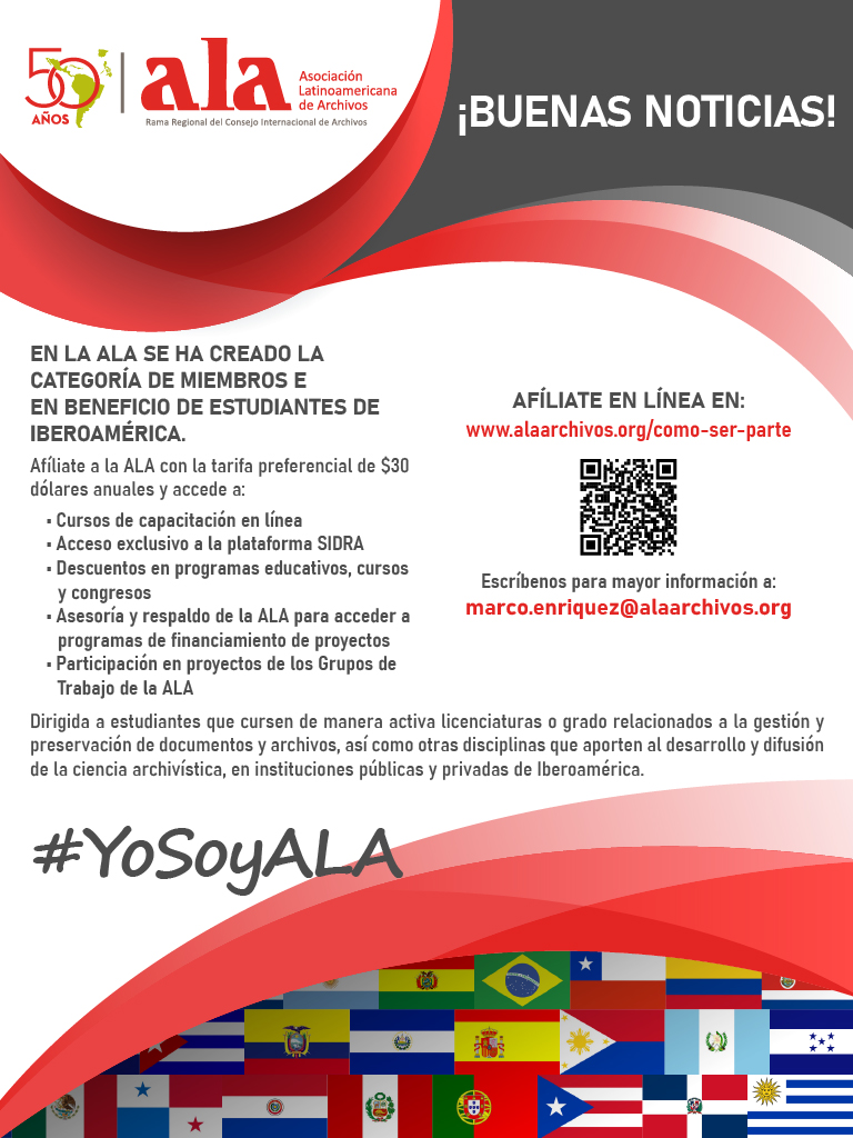 #BuenaNoticia En la Asamblea de la ALA se aprobó la categoría de afiliación "E" en beneficio de estudiantes que cursen de manera activa licenciaturas o grado relacionados a la gestión y preservación de documentos y archivos, así como otras disciplinas 
alaarchivos.org/como-ser-parte/