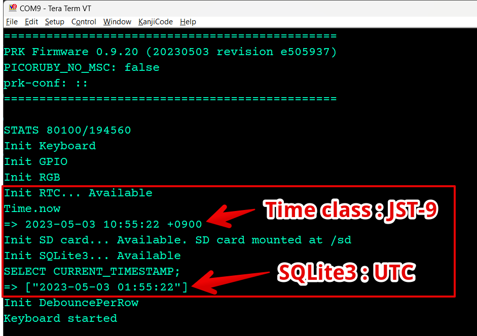 hasumikin's tweet image. 自作キーボードの上でReal time clockから時刻を取得して、マウントしたSDカードのSQLite3データベースファイル読み書きして、SELECT文が動いたから、5月3日はPRK-SQLite3記念日 #prk_firmware #picoruby