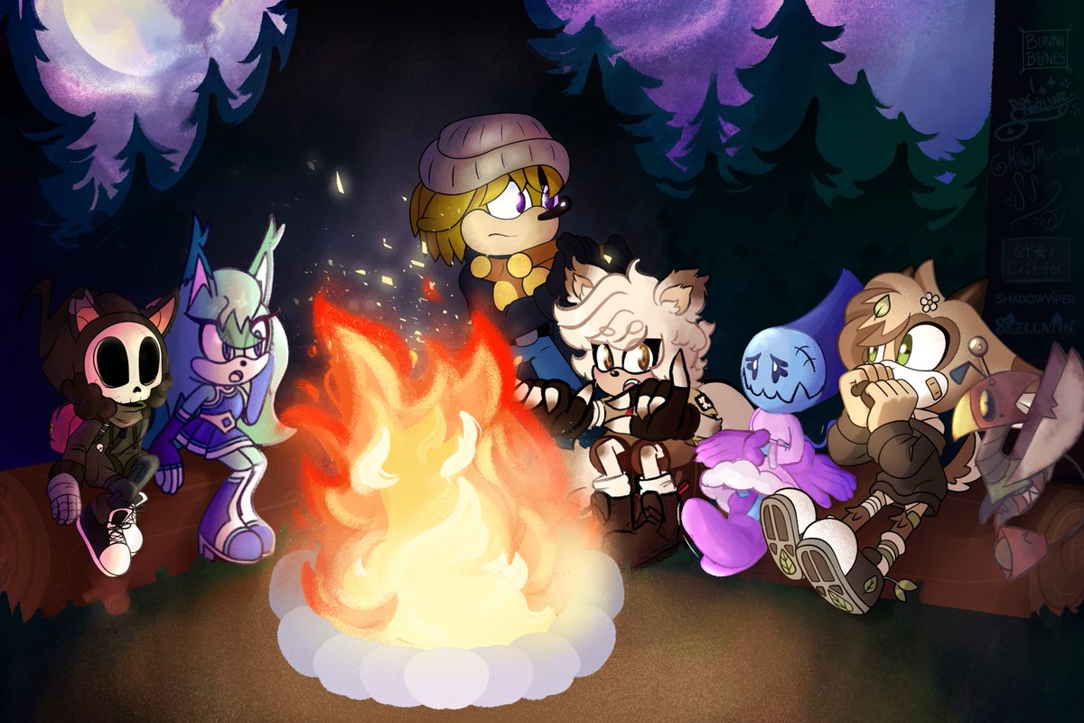 The campfire collab piece is finally finished! 🏕️✨ Lots of thanks to everyone who joined with their OCs: @skellatin @ShadowViper92, @MikeJMurdock @SharlShark @DrStarline and @Star_Critter! 🌟💕