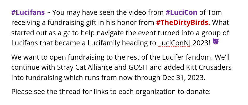 CarolHopke's tweet photo. A big thanks for the idea for the fundraising gift must be given to @pagesbs!  It was a great idea &amp; the rest of us birds were onboard 100%. Let’s see what the #Lucifer fandom can do to help these organizations. Thank you in advance for your support! #TheDirtyBirds https://t.co/g9ntGRxlVg