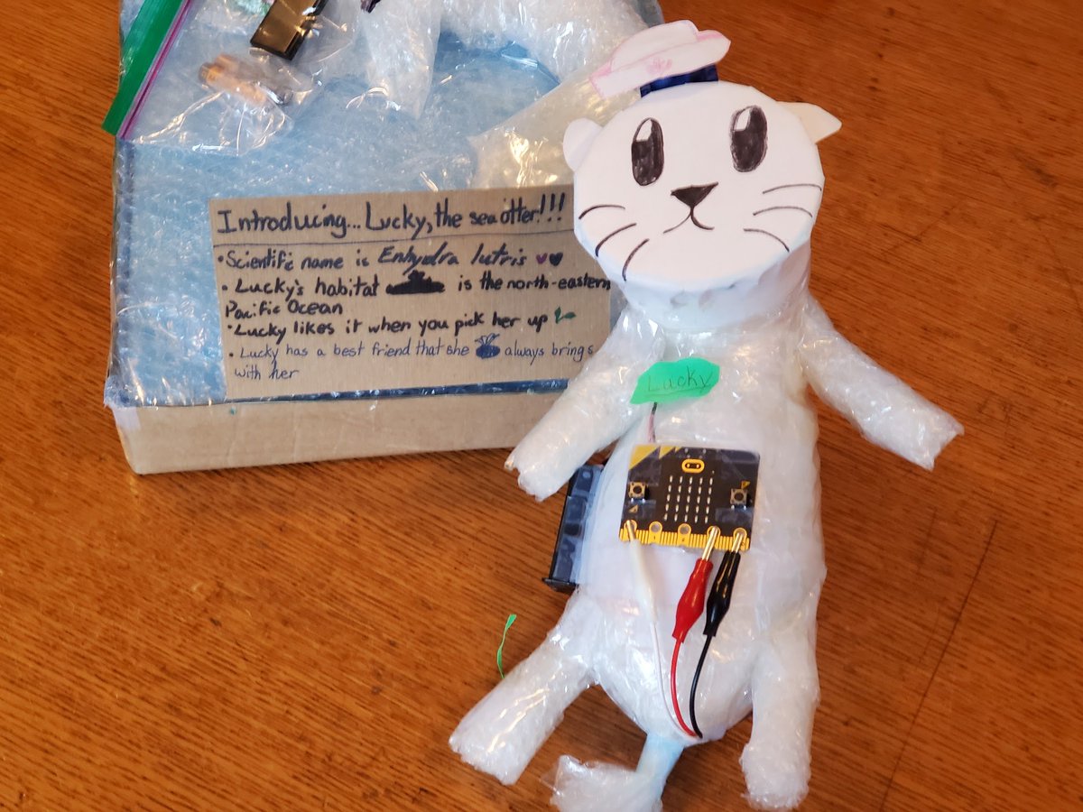 I am blown away by the 5th Ss' marine mammal robot pets using just the @microbit_edu v2 & 1 servo. We learned about the diff inputs/outputs & they had to create a pet using recycled materials in honor of #EarthDay2023.  More pets coming! #STEAM #robotics #physicalcomputing