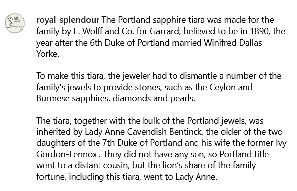 RobinLynnKing2's tweet photo. #EverythingRoyal #RoyalTiara
The Portland sapphire tiara was made for the family by E. Wolff and Co. for Garrard, believed to be in 1890, the year after the 6th Duke of Portland married Winifred Dallas-Yorke. https://t.co/QWNHzhm4eF