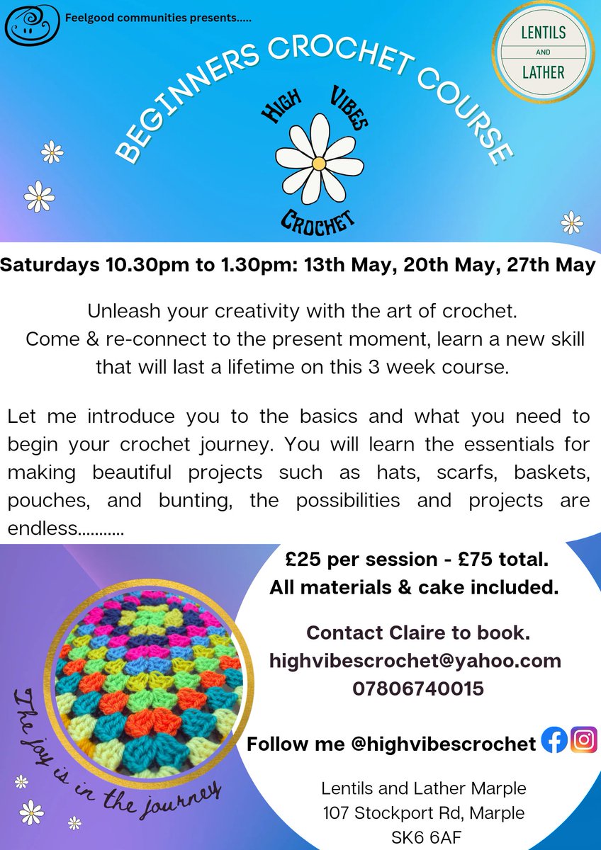 My 3 week crochet course starts on 13th May.

Join me to learn a new skill, have a laugh, connect and eat cake (eating cake is optional of course)

Dm me to book.

Yay

#crochetcourseinmarple #crochetfun #connectwithothers