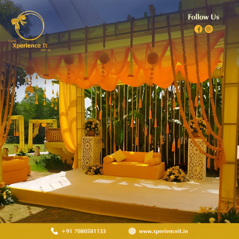 Bring in the traditions and heritage in your Haldi with breathtaking decorations that are an equal match for Bollywood weddings. Make the color yellow, your happy color. #wedding #Haldi #yellow #weddings #weddingplanners #decorators #haldiceremony #haldioutfit #haldidecor #haldi